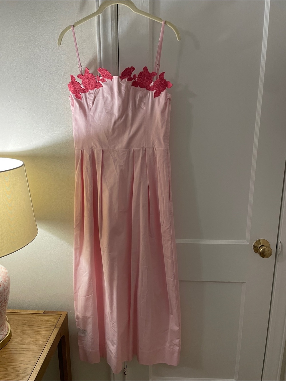 Fanm Mon Pink Midi Slip Dress with Hot Pink Lace